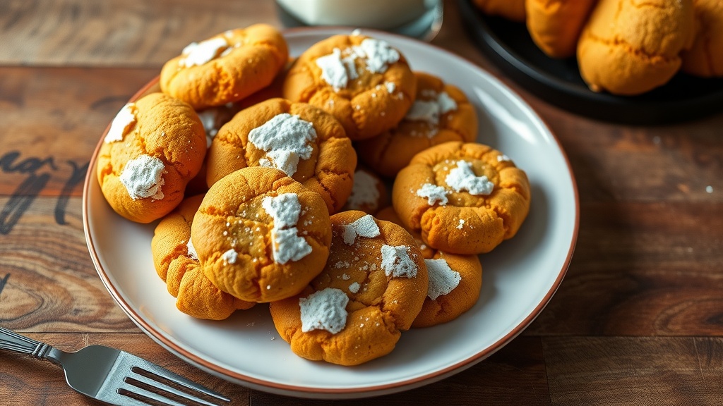 Spiced Pumpkin Cookies with Nutmeg and Cloves A plate of spiced pumpkin cookies with a glass of milk, set on a wooden table.